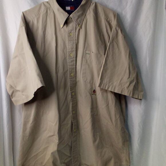 Tommy Hilfiger Shirt Men XL Button Down Short Sleeve Pocket Tan - Picture 1 of 12